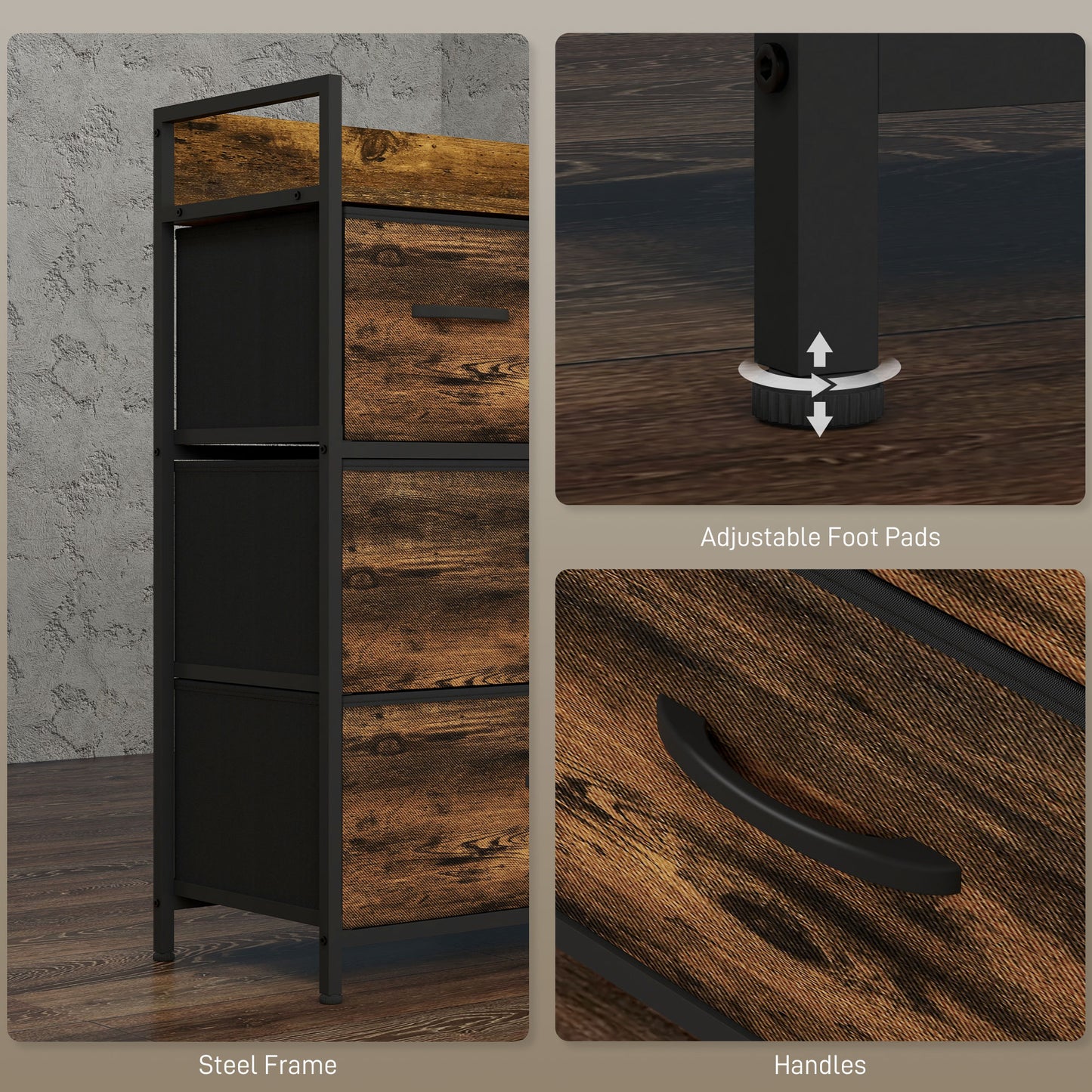 HOMCOM Rustic Chest of Four Fabric Drawers - Brown Wood Effect