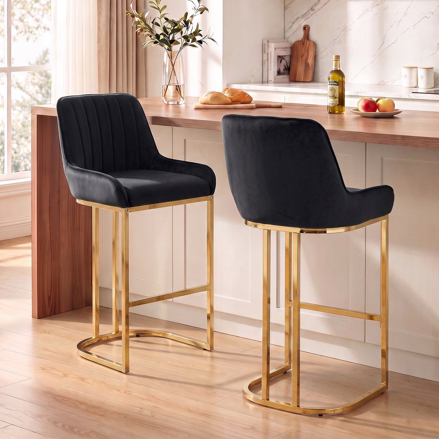 HOMCOM Bar Stools Set of 2 with Backrest, Footrest, Gold Electroplated Legs for Kitchen Island, Dining Room, Black