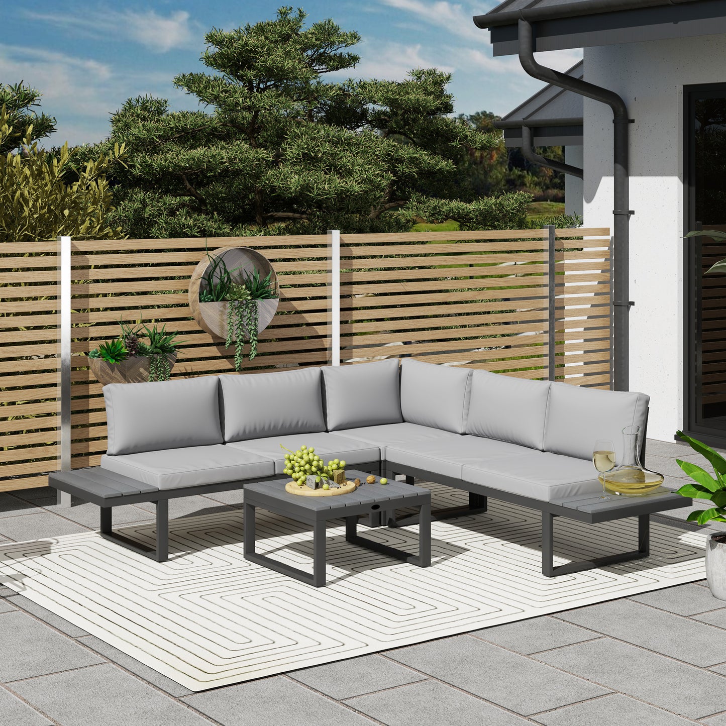 Outsunny 4-Piece Patio Set: 5-Level Recline Corner Sofa, Cushions, Wood Grain Table, Black Frame, Light Grey