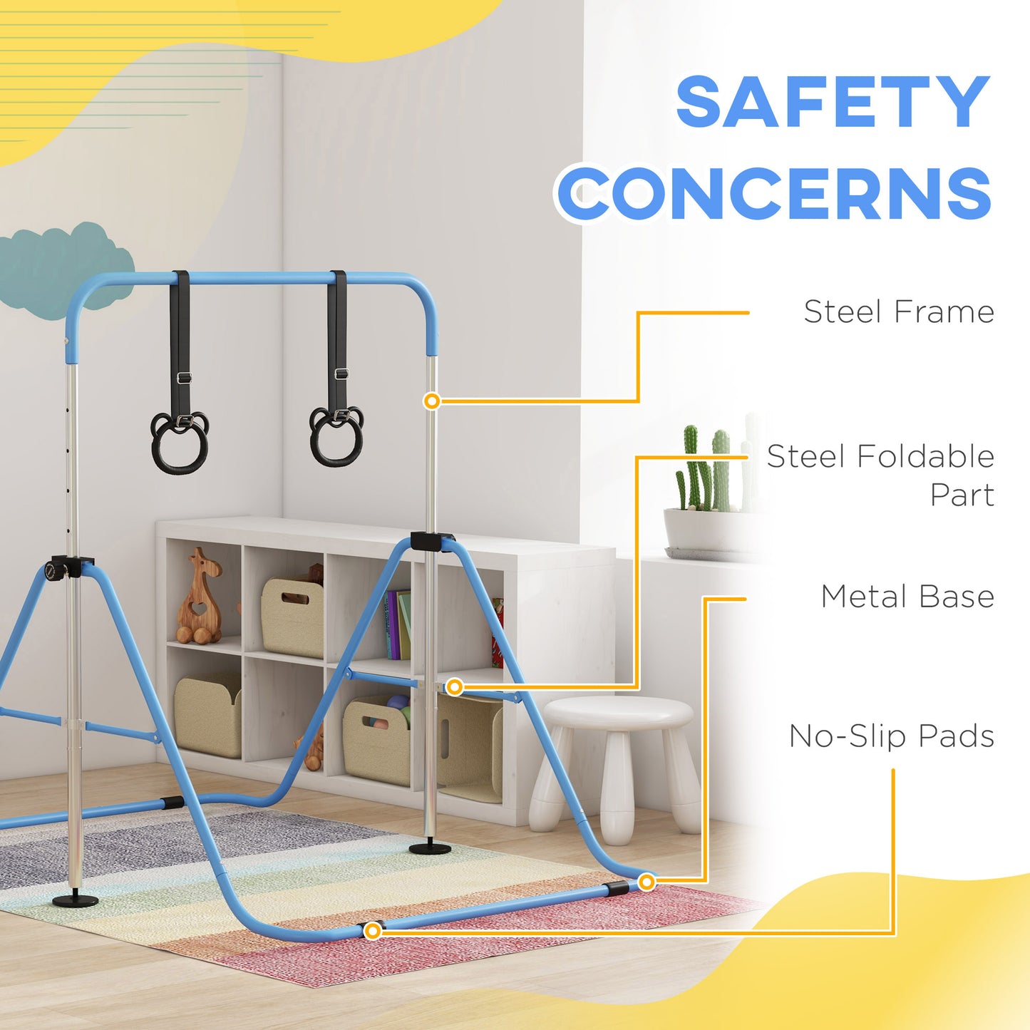 HOMCOM Adjustable Height, Foldable Kids Gymnastics Bar w/ Non-Slip Mats, for 3+ Years, Blue