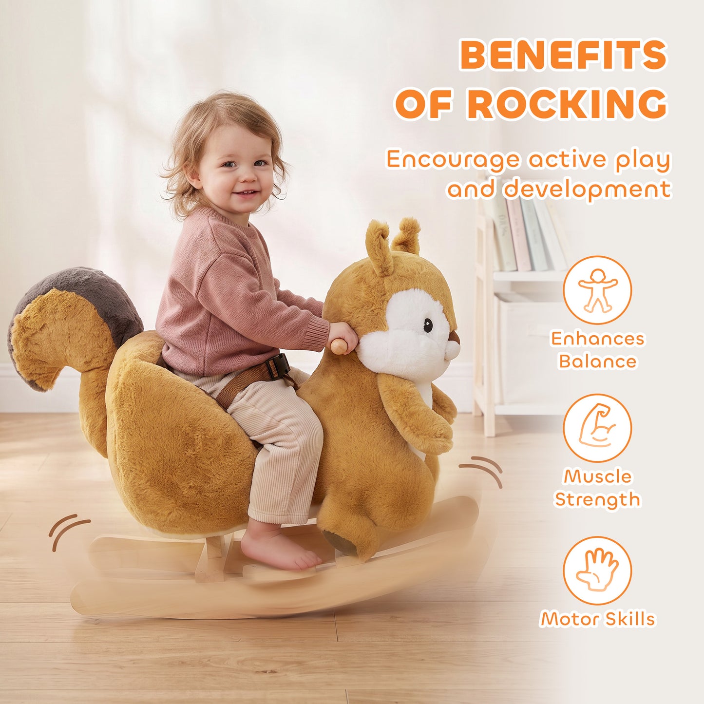 AIYAPLAY Rocking Horse, Stable Plush Ride on Horse Squirrel Design with Animal Sounds, Security Belt for Toddlers 1-3 Y, Brown