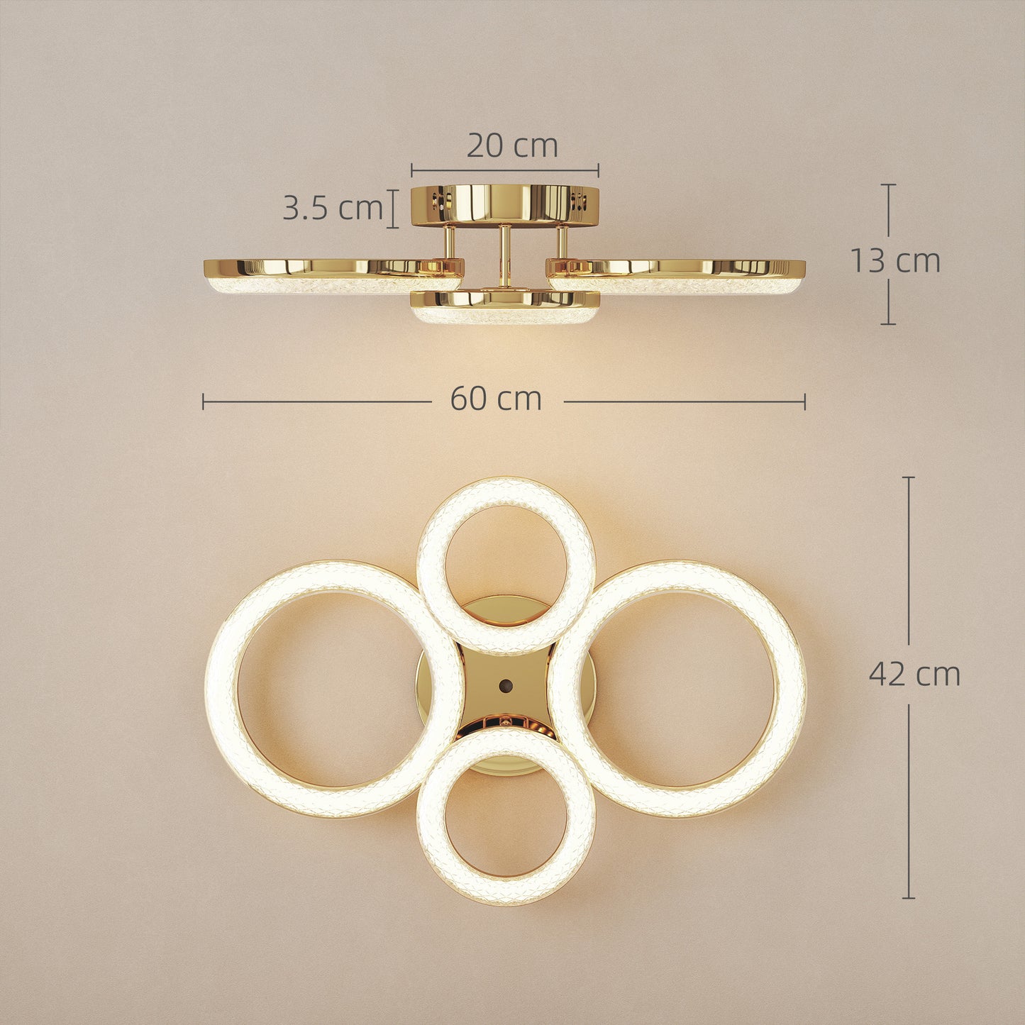 HOMCOM LED Ceiling Light, Modern 4 Rings, 40W 4350lm, Wall Switch Control, 3500K/4500K/6000K for Living Room, Bedroom, Gold Tone