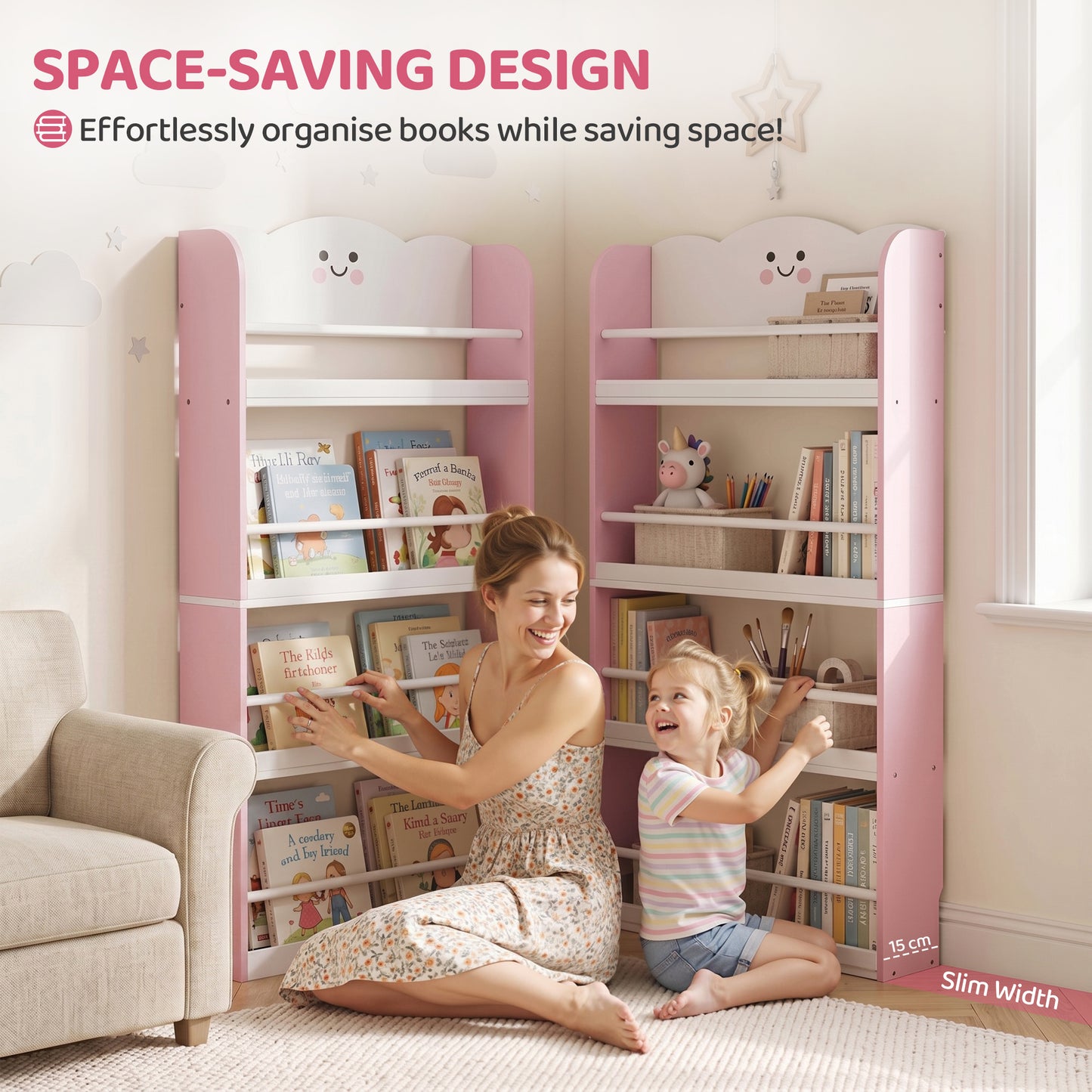 AIYAPLAY 4 Tier Kids Bookshelf, Wall-Mounted Children Bookcase, Toddler Space-Saving Bookcase for Kids Room, Playroom, Pink