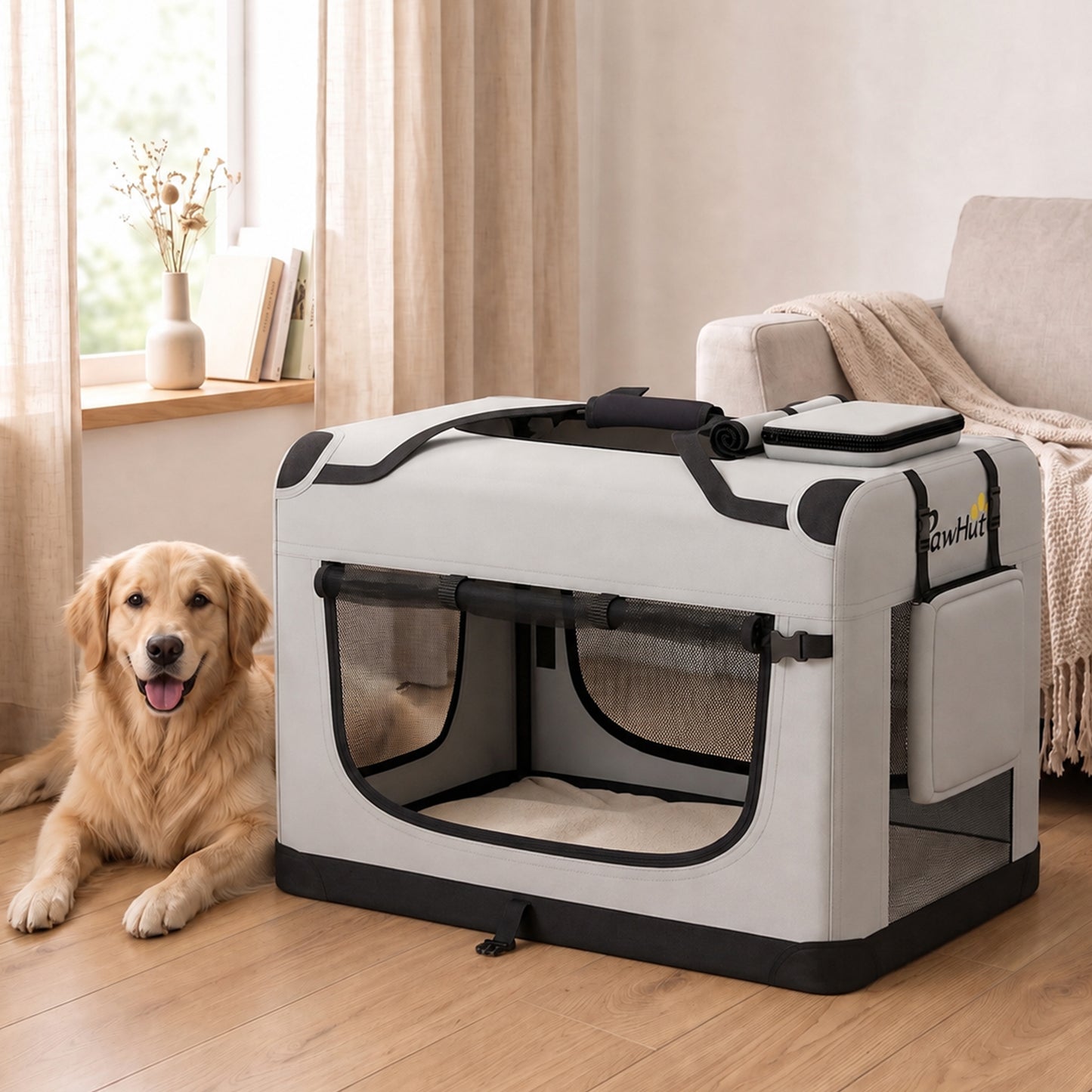 PawHut Pet Carrier Bag, Soft-Sided Dog Carrier with Security Buckle Strap, Washable Cushion and Folded Bowl, Light Grey
