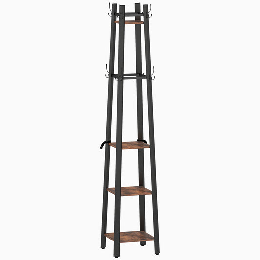HOMCOM Industrial Coat Stand with 8 Hooks and 4 Shelves - Rustic Brown