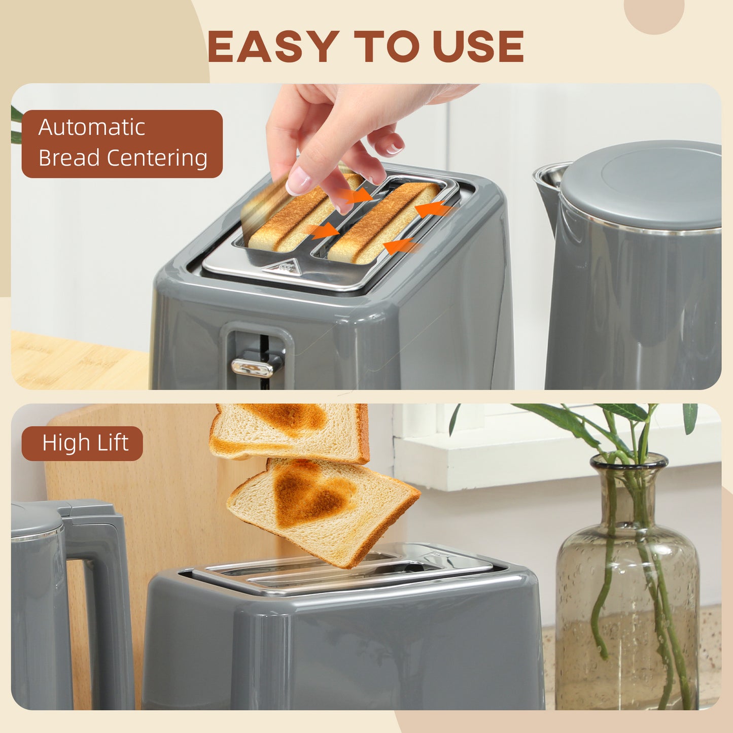 HOMCOM Digital Kettle & Toaster Set, 1.5L 3000W Fast Boil Kettle, 2-Slice Toaster with 7 Browning Levels, LED Display, Crumb Tray, Grey