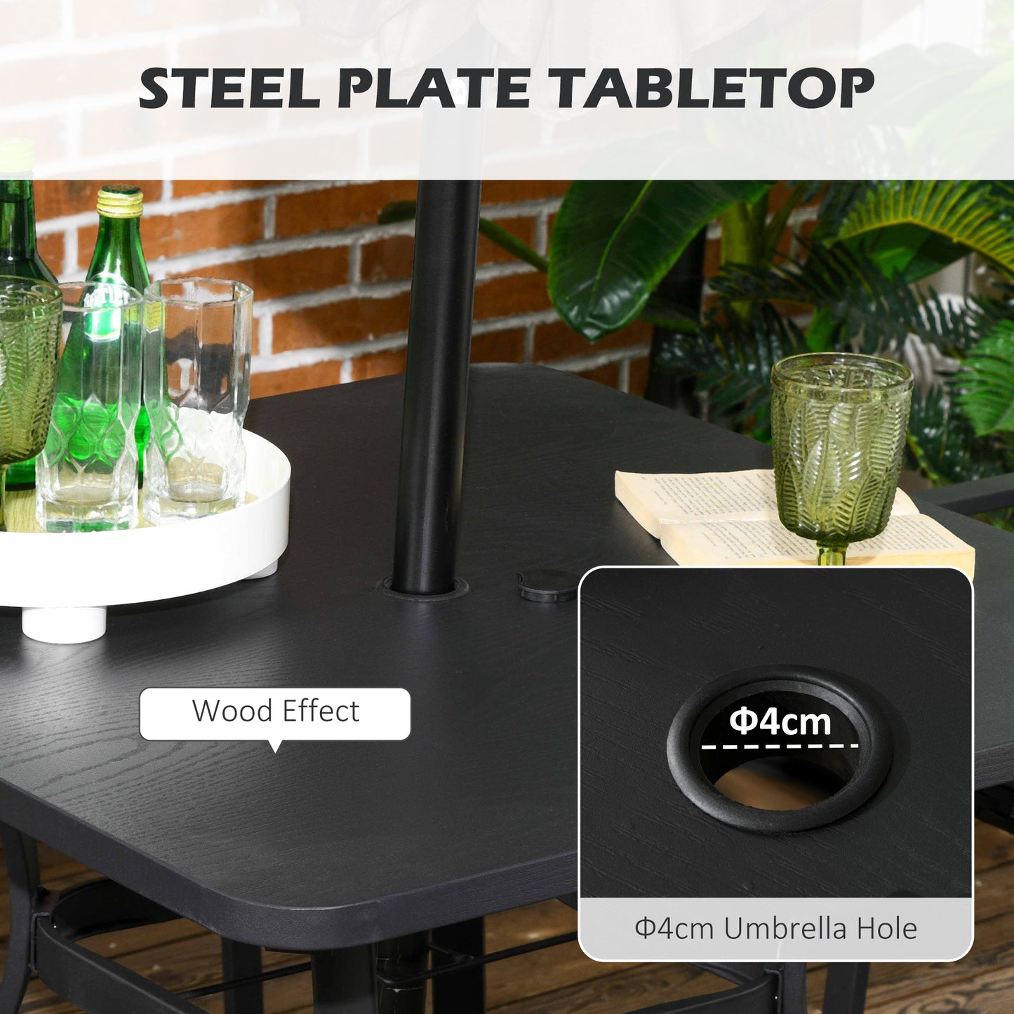 Outsunny 4 Seater Rattan Garden Furniture Set 5 Pieces Outdoor Dining Set with Cushions Umbrella Hole - Black