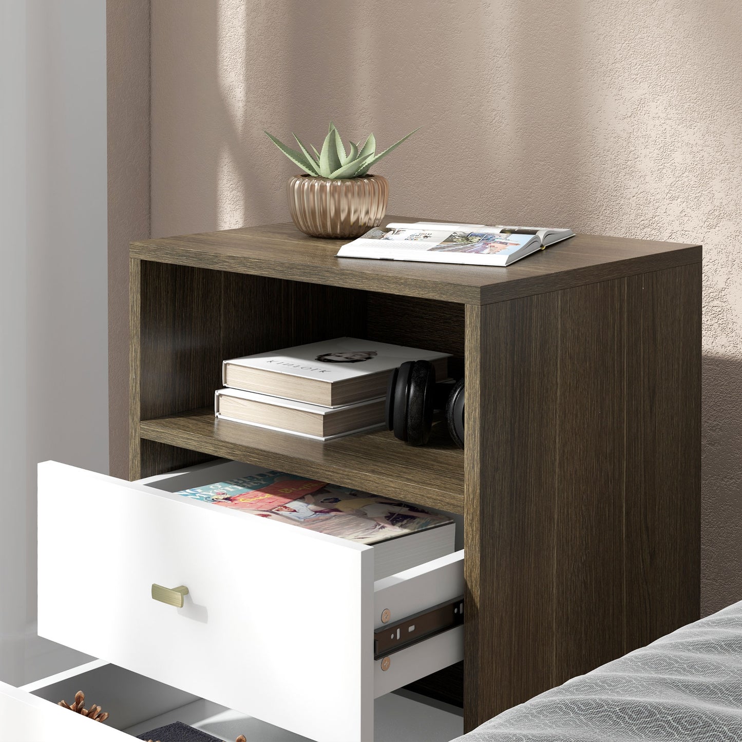 HOMCOM Industrial-Scandinavian Mix Bedside Table, with Drawers and Shelf