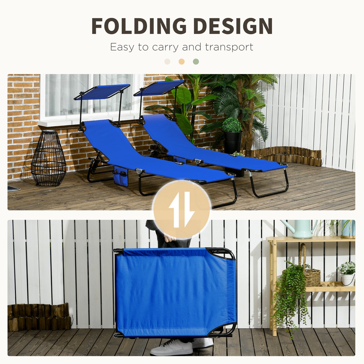 Outsunny 2 Piece Folding Sun Loungers, Adjustable Recliners with Canopy, Steel Frame, Garden/Beach, Blue