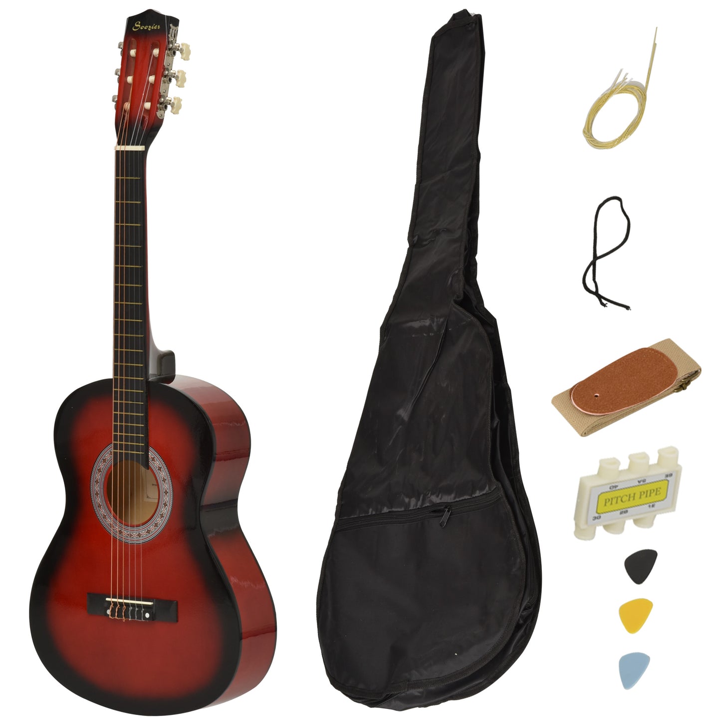 HOMCOM 36" 3/4 Beginner Acoustic Guitar Set, with Protective Case, Red