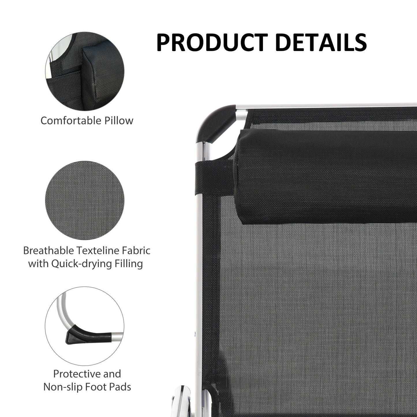 Outsunny Foldable Outdoor Sun Loungers Set of 2, Reclining Lounge Chair Camping Bed Cot with Pillow 4-Level Adjustable Back Aluminium Frame, Black