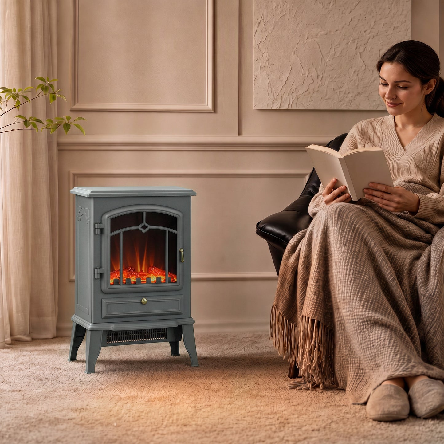 HOMCOM Electric Fireplace Stove, 1000W/2000W, Electric Fire Heater with LED Flame Effect, Adjustable Thermostat, Grey