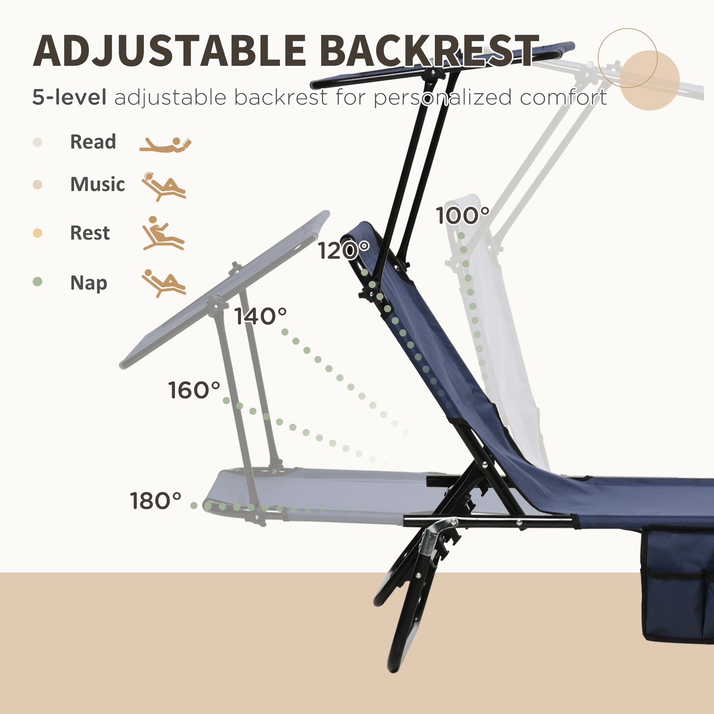 Outsunny 2 Piece Folding Sun Loungers, Adjustable Garden Recliner Chairs with Canopy, Dark Blue