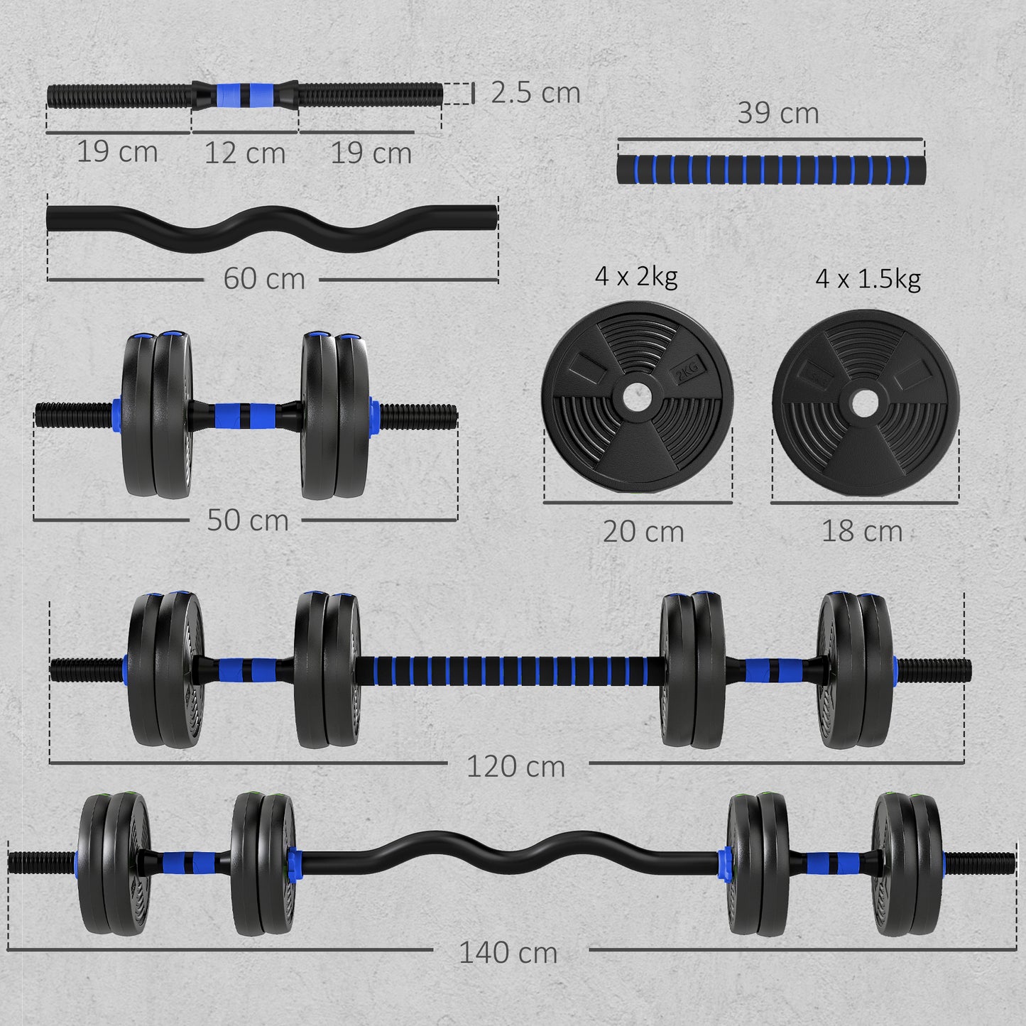 SPORTNOW 15 kg 3-in-1 Adjustable Dumbbell Set, Adjustable Weight Set with Extension Bar, Black