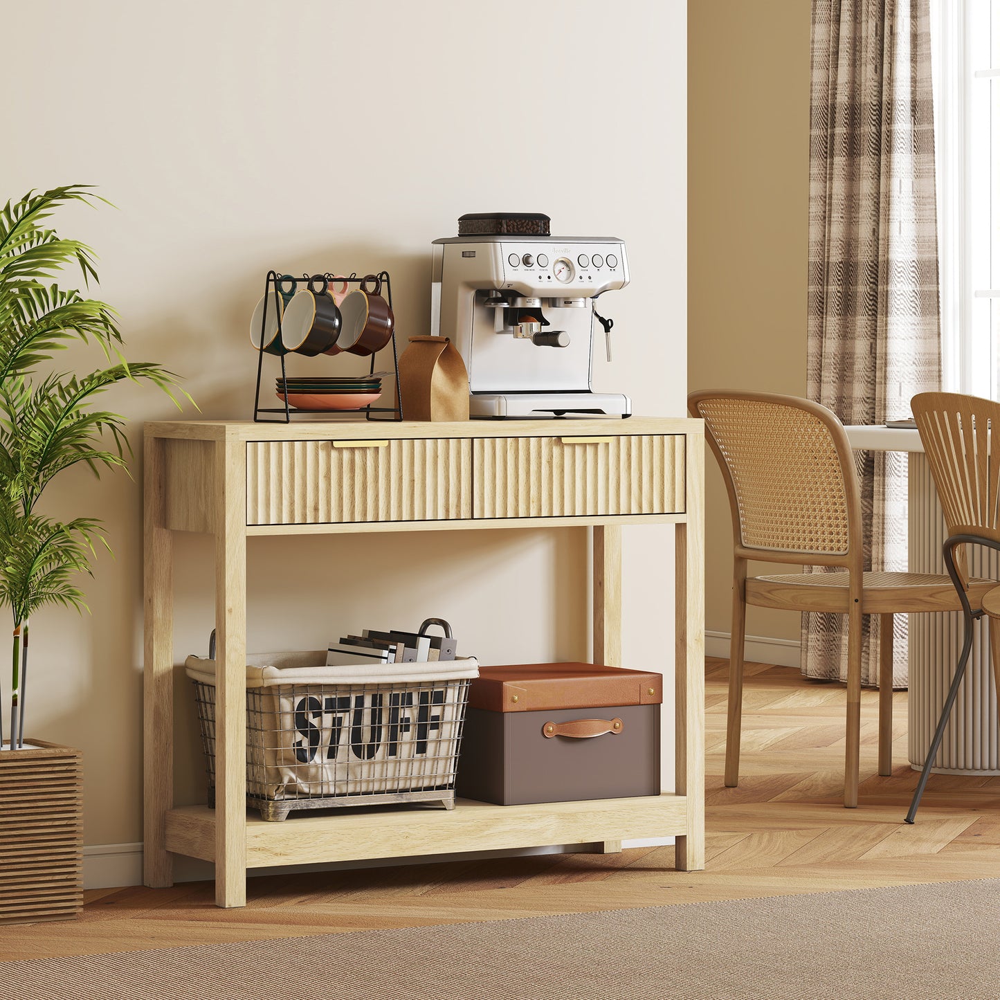 HOMCOM Modern Console Table with Fluted Drawers, Shelf for Entryway or Living Room, 90x30x76 cm, Natural Wood Finish
