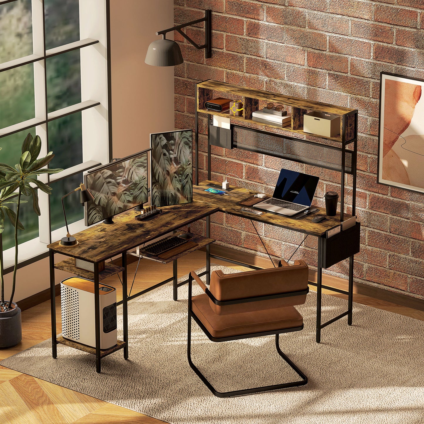 HOMCOM 160cm Reversible L Shaped Desk with Outlet, Corner Desk w/ Storage & Tray, 240cm, Rustic Brown