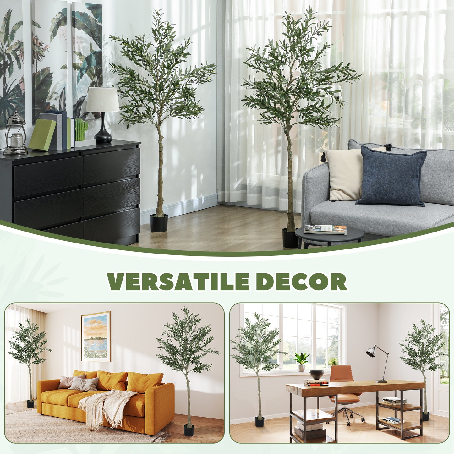 HOMCOM Set of 2 6ft Artificial Silk Olive Trees with Pot, 900 Leaves, 40 Olives, for Home/Office/Living Room Decor, Green