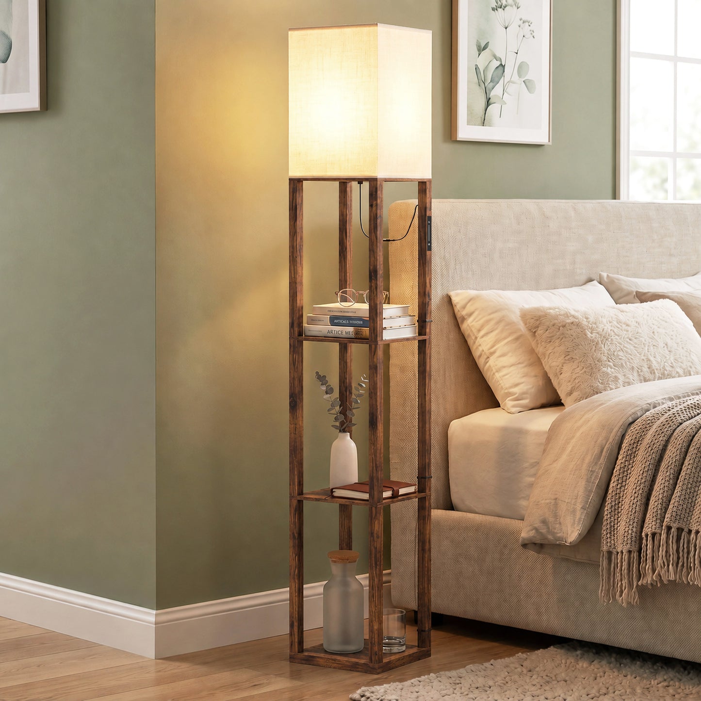 HOMCOM Floor Lamp with Shelves, Modern Dimmable Standing Lamp with Fabric Shade, Adjustable Colour Temperature, Rustic Brown