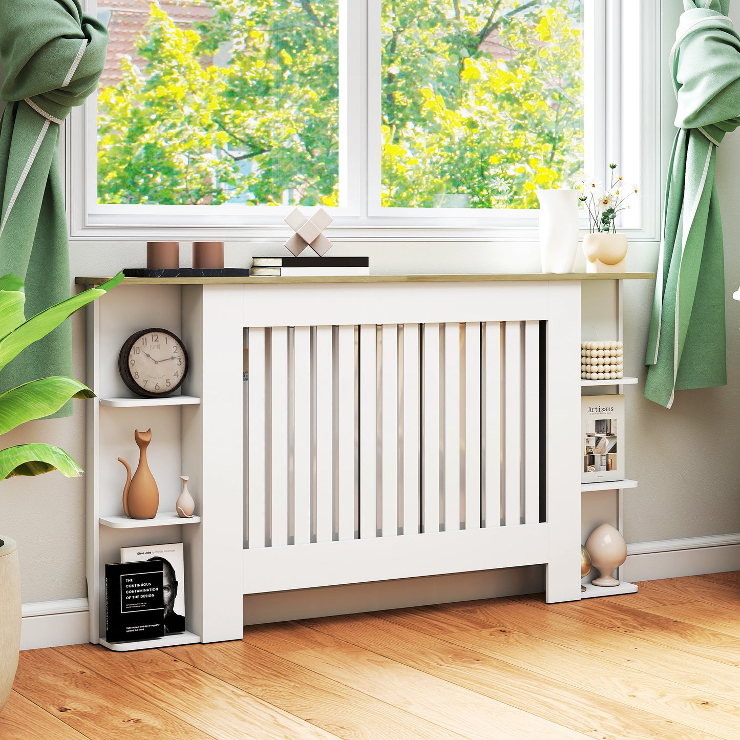 HOMCOM Radiator Cover with Storage Shelves, Vertical Slatted Design, Large, Living Room/ Hallway Cabinet, White (H: 83 / W: 152 / D: 19 cm)