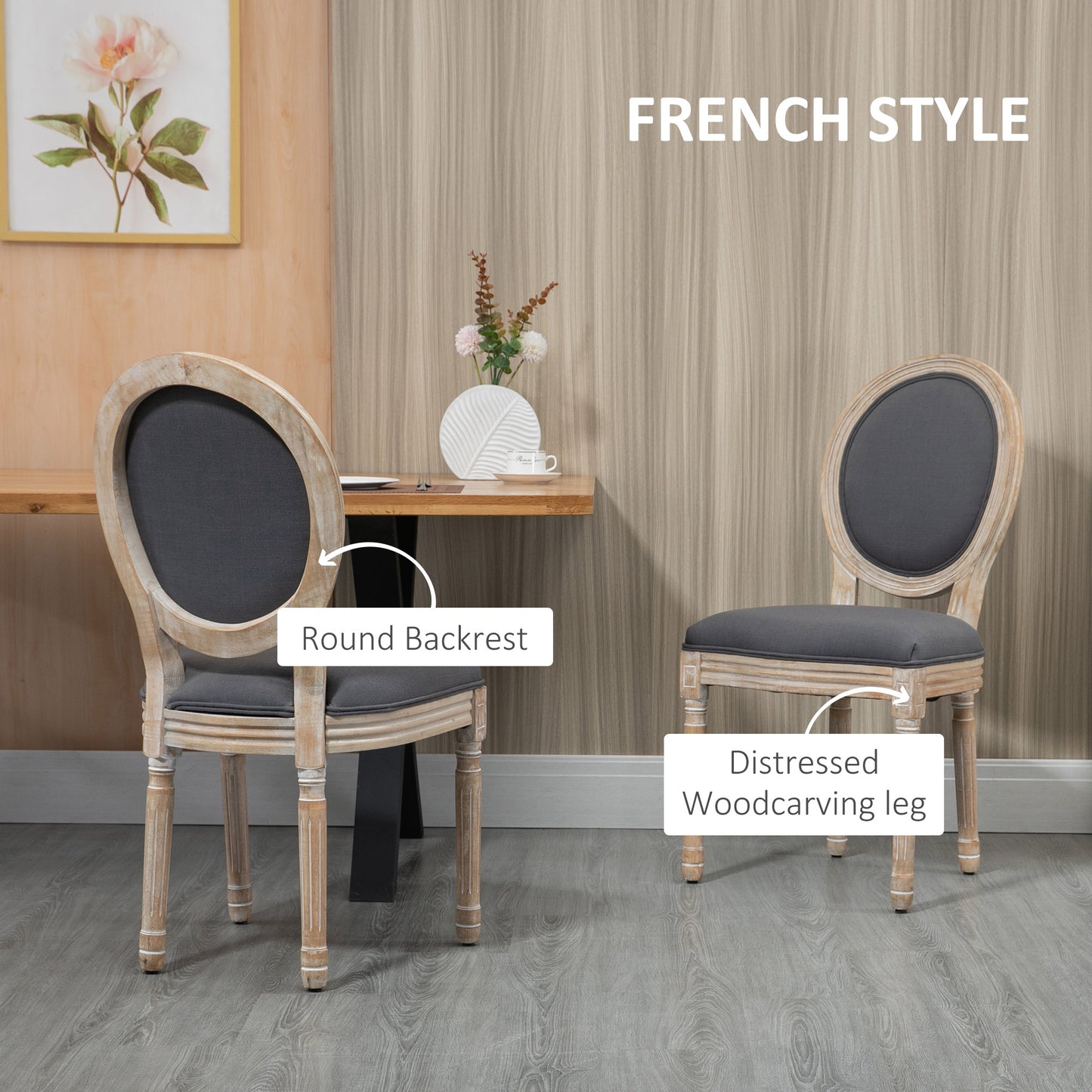 HOMCOM Set of 2 French-Style Dining Chairs - Grey