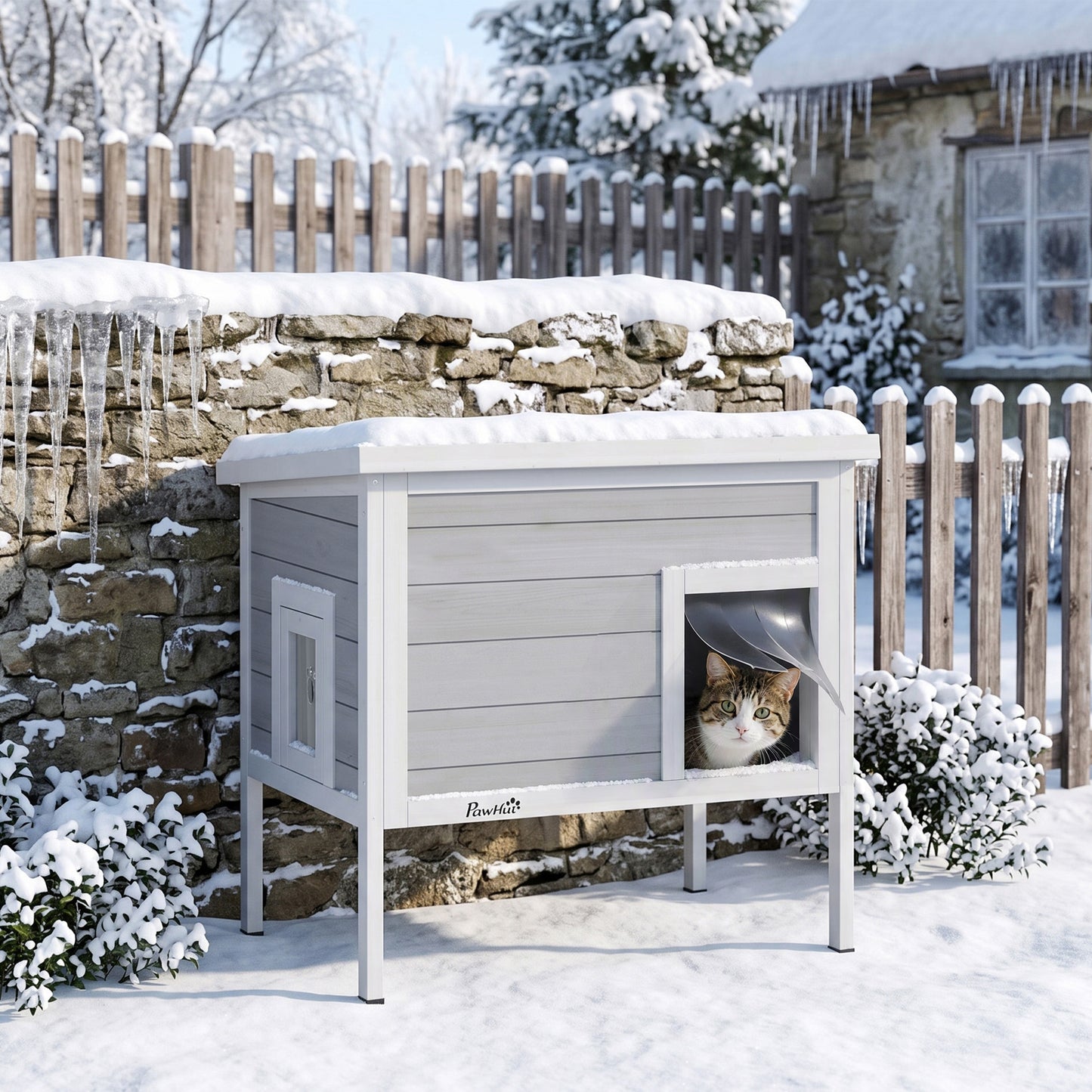PawHut Outdoor Cat House, Insulated Cat Shelter with Insulated Liner, Waterproof Asphalt Roof, Escape Door, Opening Top
