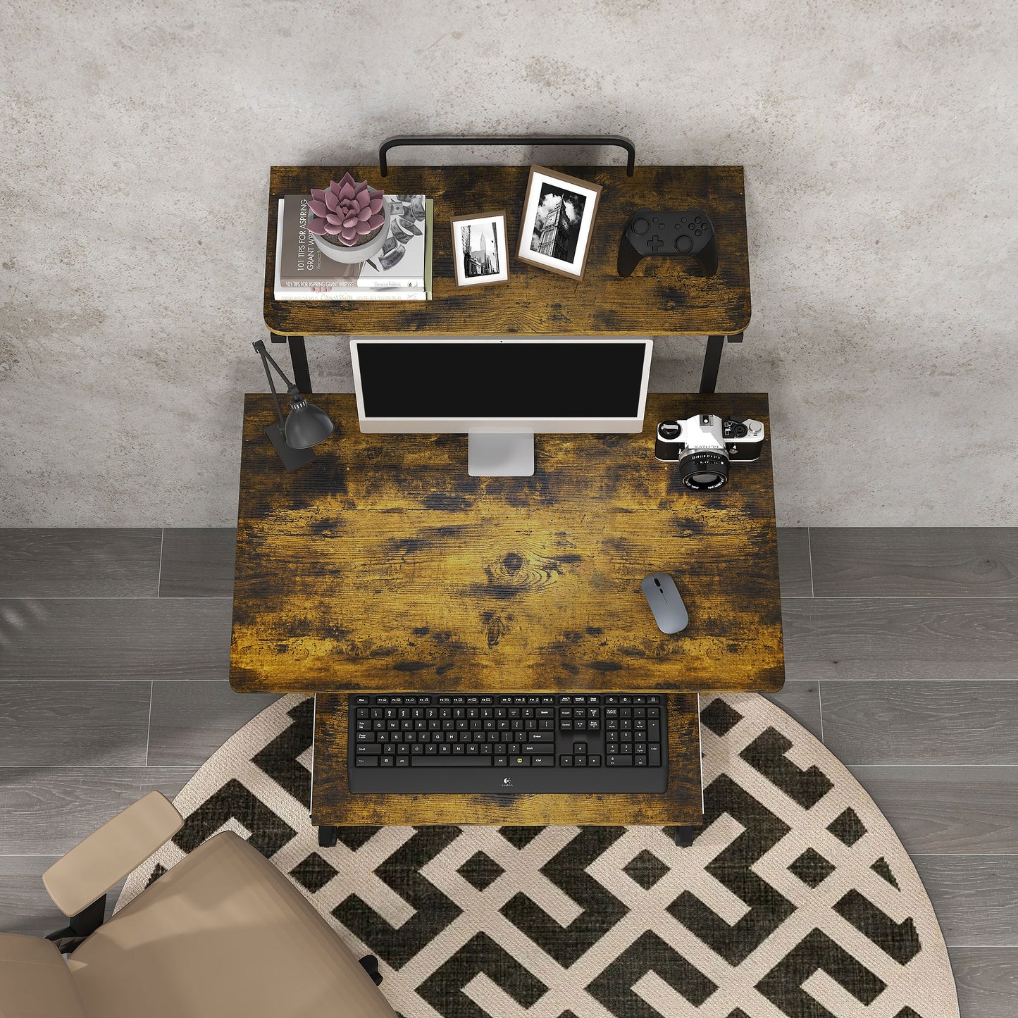 HOMCOM Rolling Computer Desk with Keyboard Tray - Rustic Brown