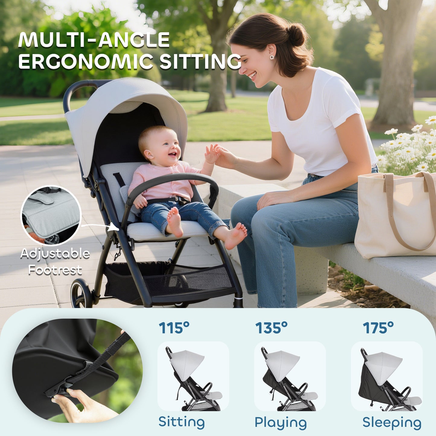 AIYAPLAY Travel Stroller, Lightweight Pushchair, Compact Buggy with Canopy, Basket and Multi-Position Recline, Light Grey