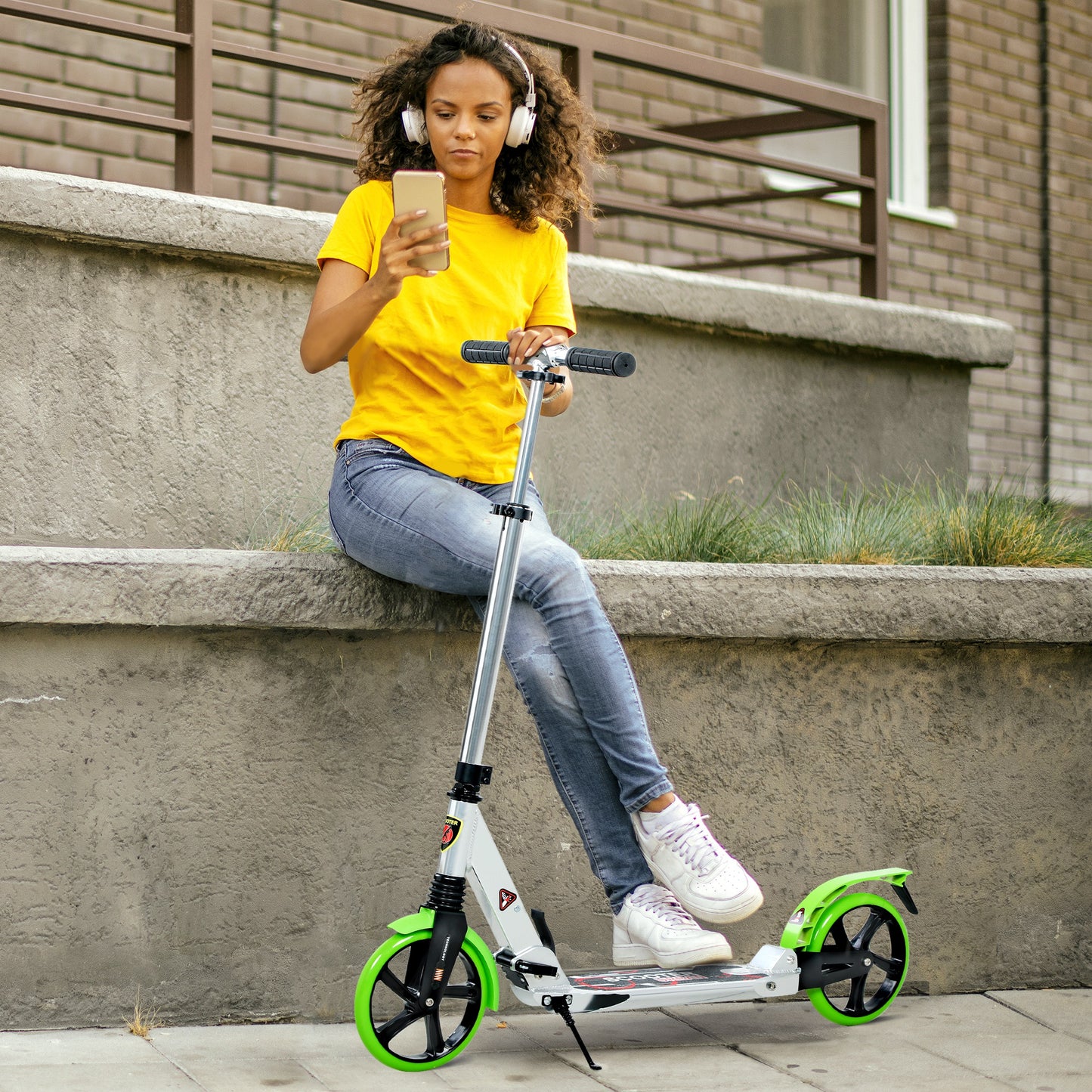 HOMCOM Folding Kick Scooter, Adjustable with 200mm Wheels & Double Shock Absorption, for Teens & Adults 14+, Green