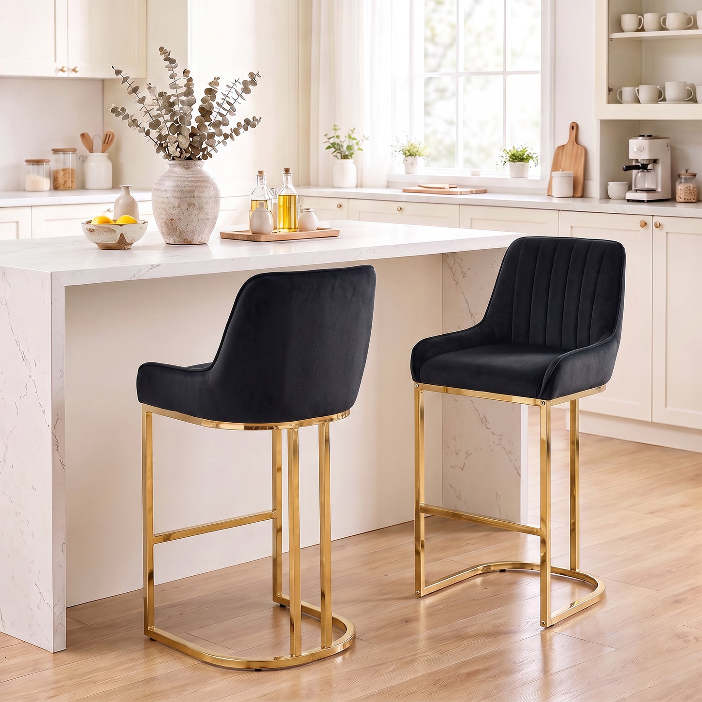 HOMCOM Bar Stools Set of 2 with Backrest, Footrest, Gold Electroplated Legs for Kitchen Island, Dining Room, Black