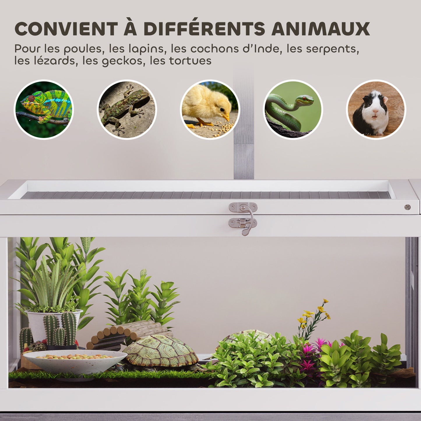 PawHut Turtle house enclosure 2 areas with lamp holder hinged roof sliding tray 104 x 53 x 82 cm gray