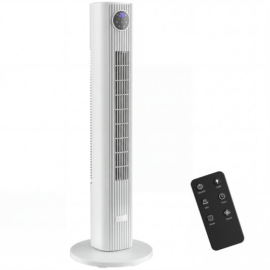 HOMCOM 28dB Tower Fan for Bedroom, 26 ft/s Velocity Standing Cooling Fan with 80° Oscillating, 12 Speeds, LED Display, 4 Modes, 12H Timer, Remote Control, 36 inch, White