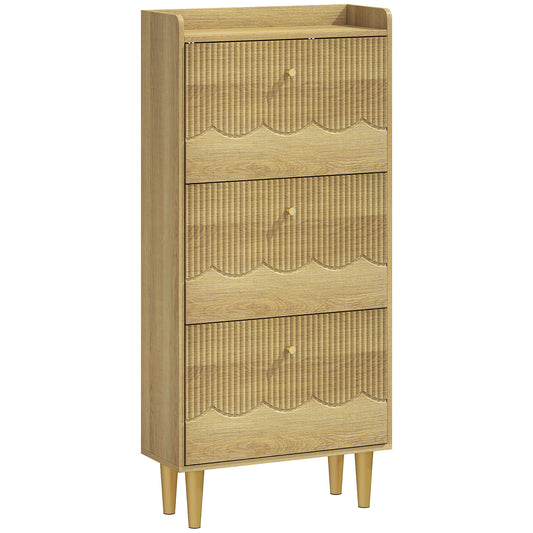 HOMCOM Narrow Shoe Cabinet, Modern Shoe Storage Cabinet with 3 Flip Drawers, Oak