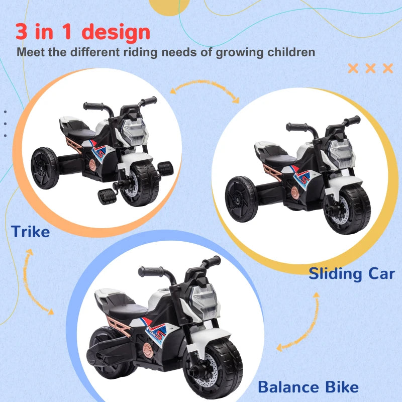 AIYAPLAY Motorcycle Design, 3 in 1 Toddler Trike, Sliding Car, Balance Bike with Headlight, Music, Horn, White