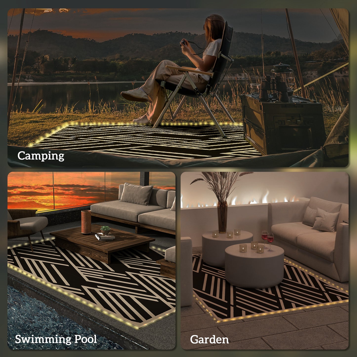Outsunny Plastic Straw Reversible RV Outdoor Rug with LED String Light 182 x 274cm Black and Coffee