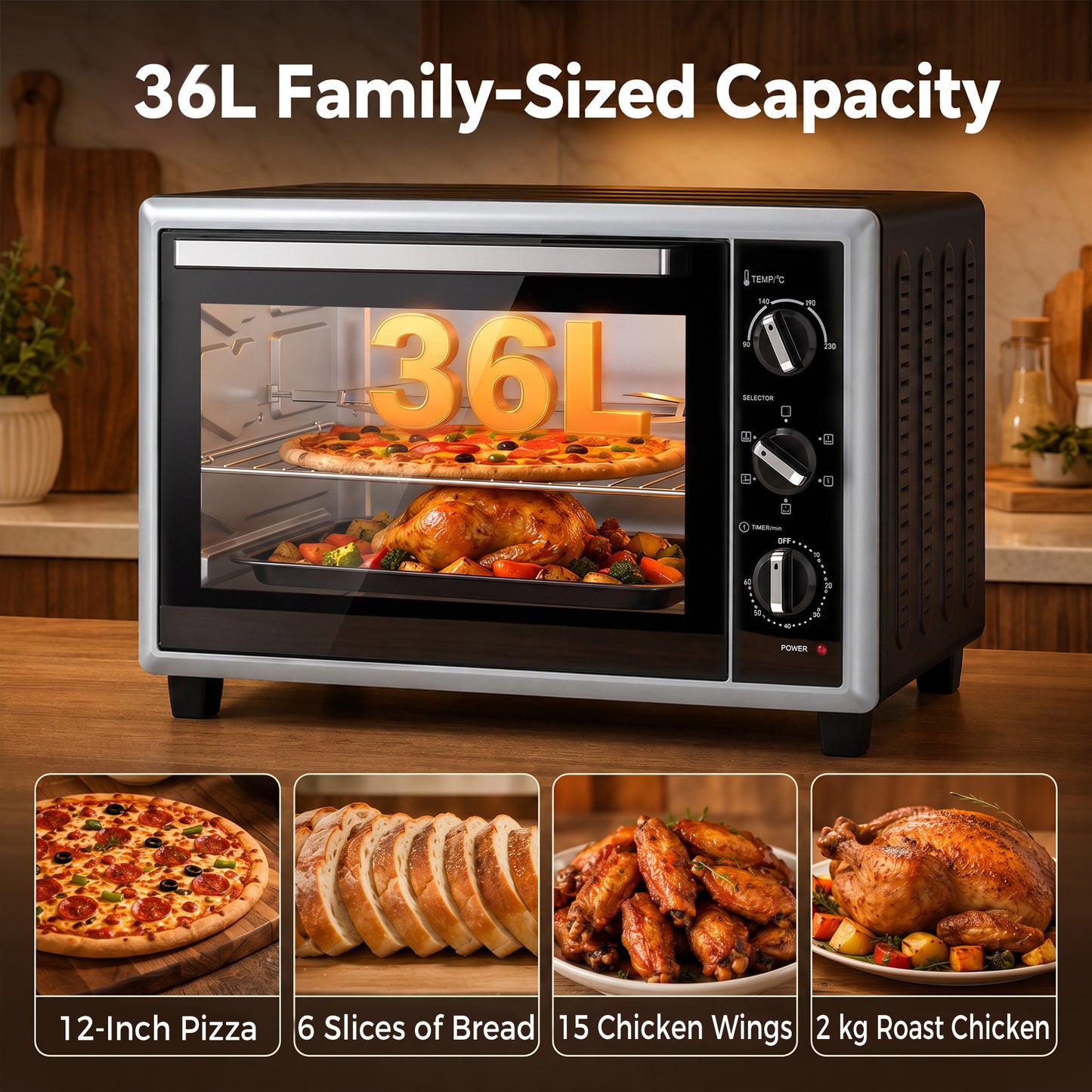 HOMCOM 36L Mini Oven with Convection, Electric Countertop Cooker with Rotisserie, 90–230°C Adjustable Temperature, 1500 W