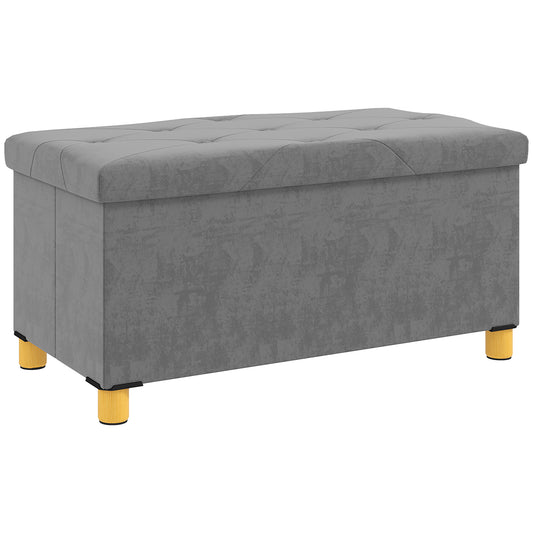 HOMCOM Velvet Upholstered Foldable Ottoman Footrest, Storage Ottoman Bench with Wood Legs for Living Room, Grey
