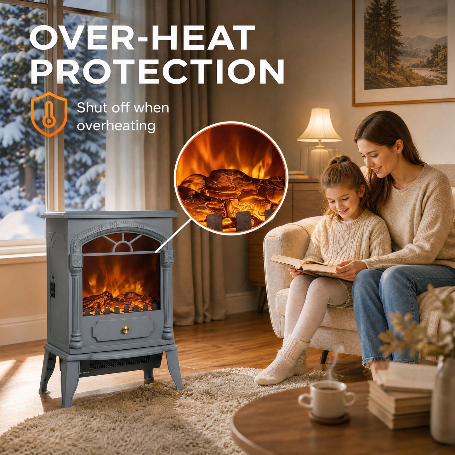 HOMCOM Freestanding Portable Fireplace, Electric Fireplace Stove Heater with 3D Flame Effect and Adjustable Thermostat, Grey