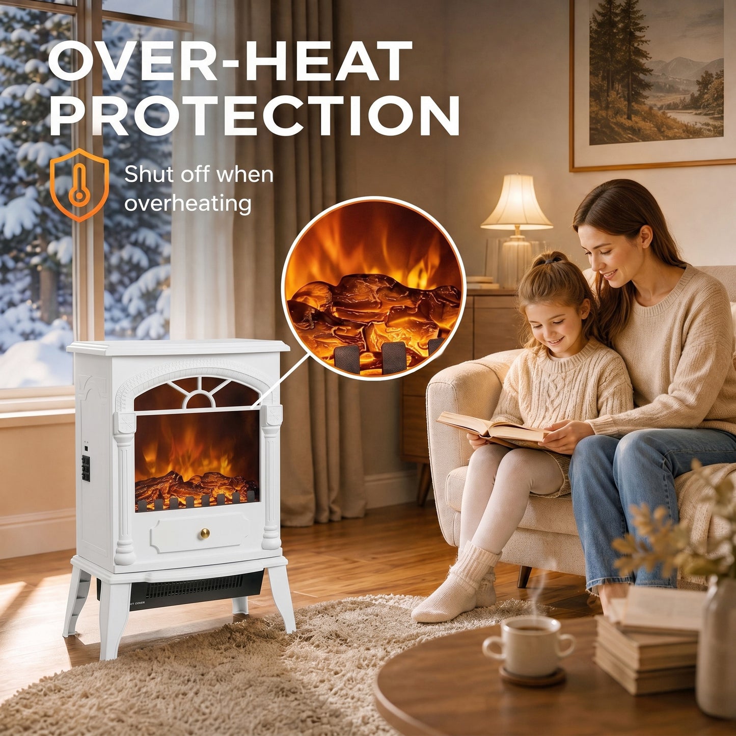 HOMCOM Freestanding Portable Fireplace, Electric Fireplace Stove Heater with 3D Flame Effect and Adjustable Thermostat, White