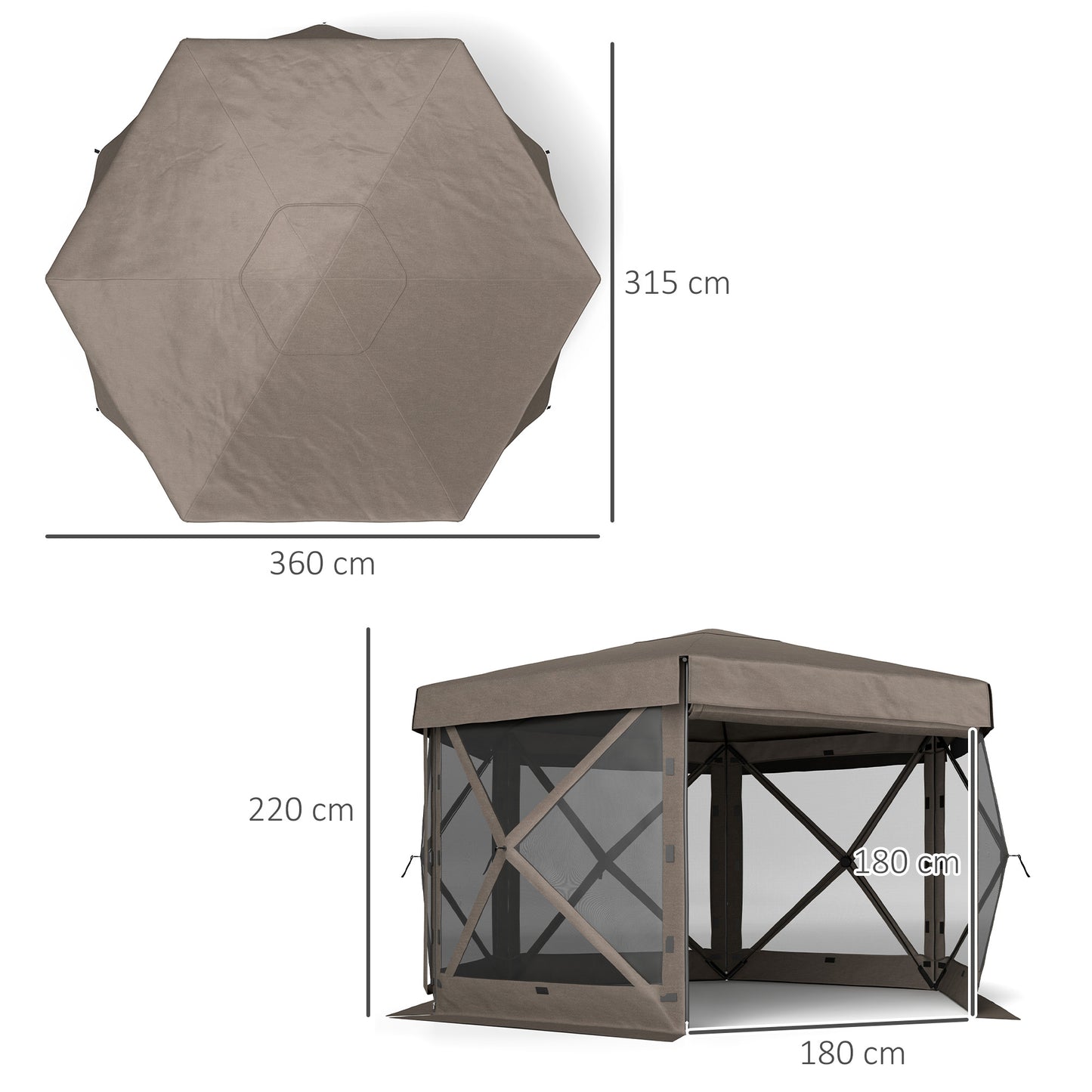 Outsunny 3x3m Hexagon Pop Up Gazebo, Waterproof UV Resistant Tent with Netting & Carry Bag, Brown