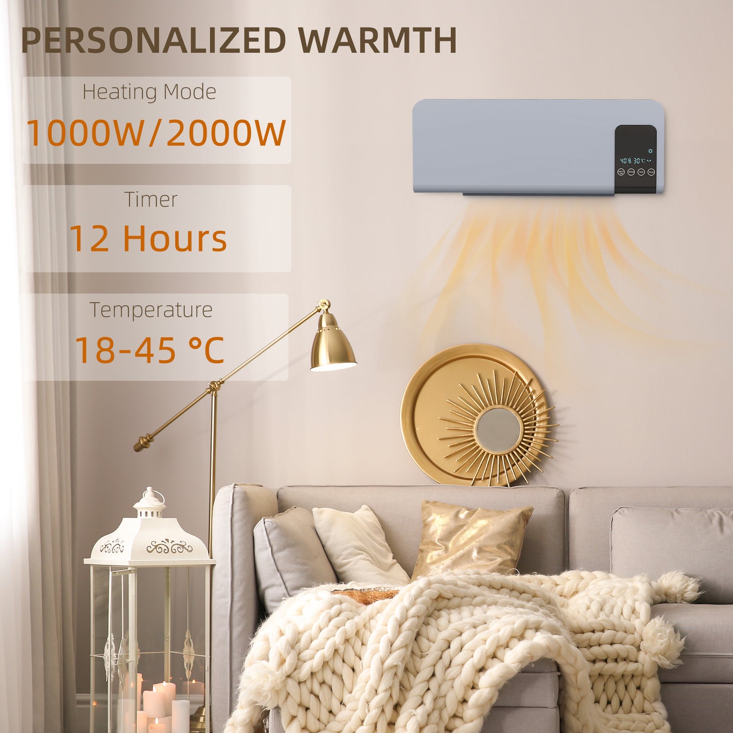 HOMCOM 2000W Wall Mounted Heater, 18-45°C Temperature, Grey