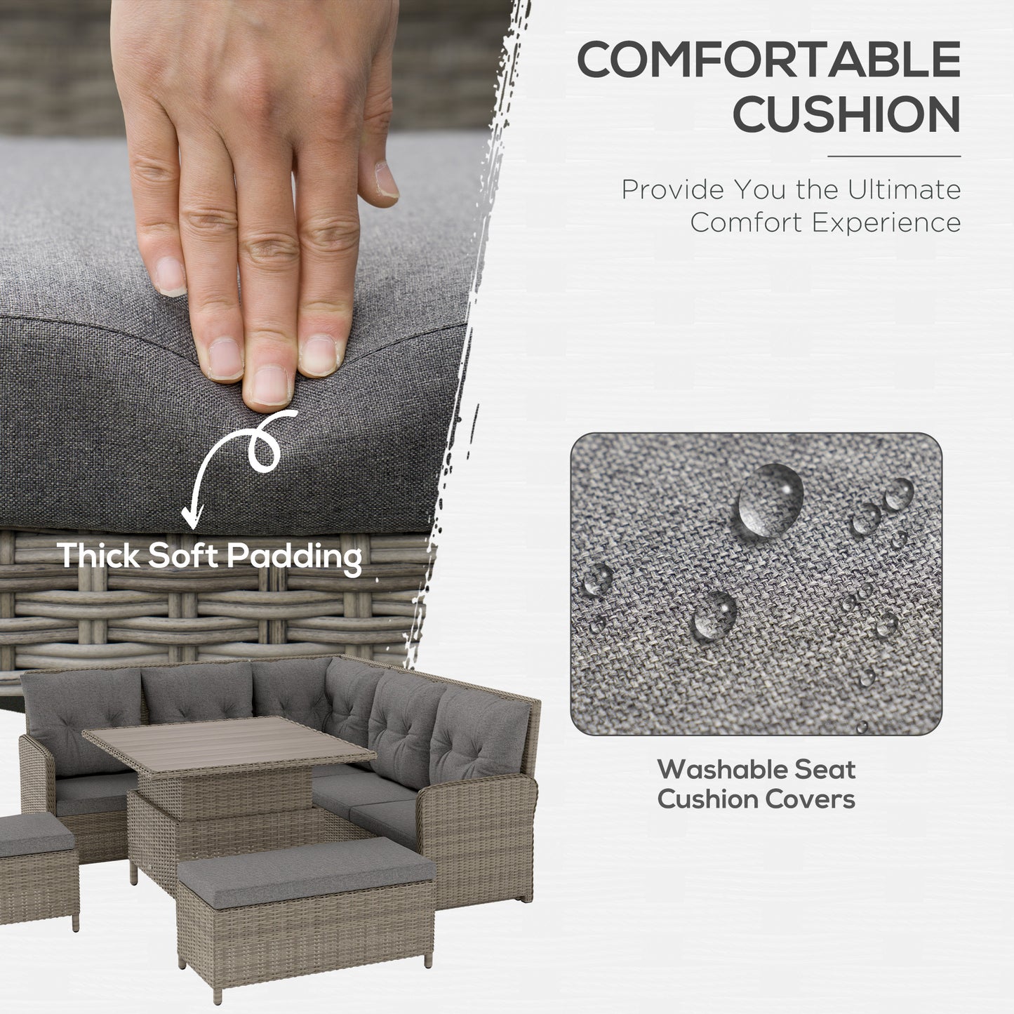 Outsunny 6-Piece Rattan Garden Furniture Set, Patio Corner Sofa w/ Cushions & Liftable Coffee Table, Grey
