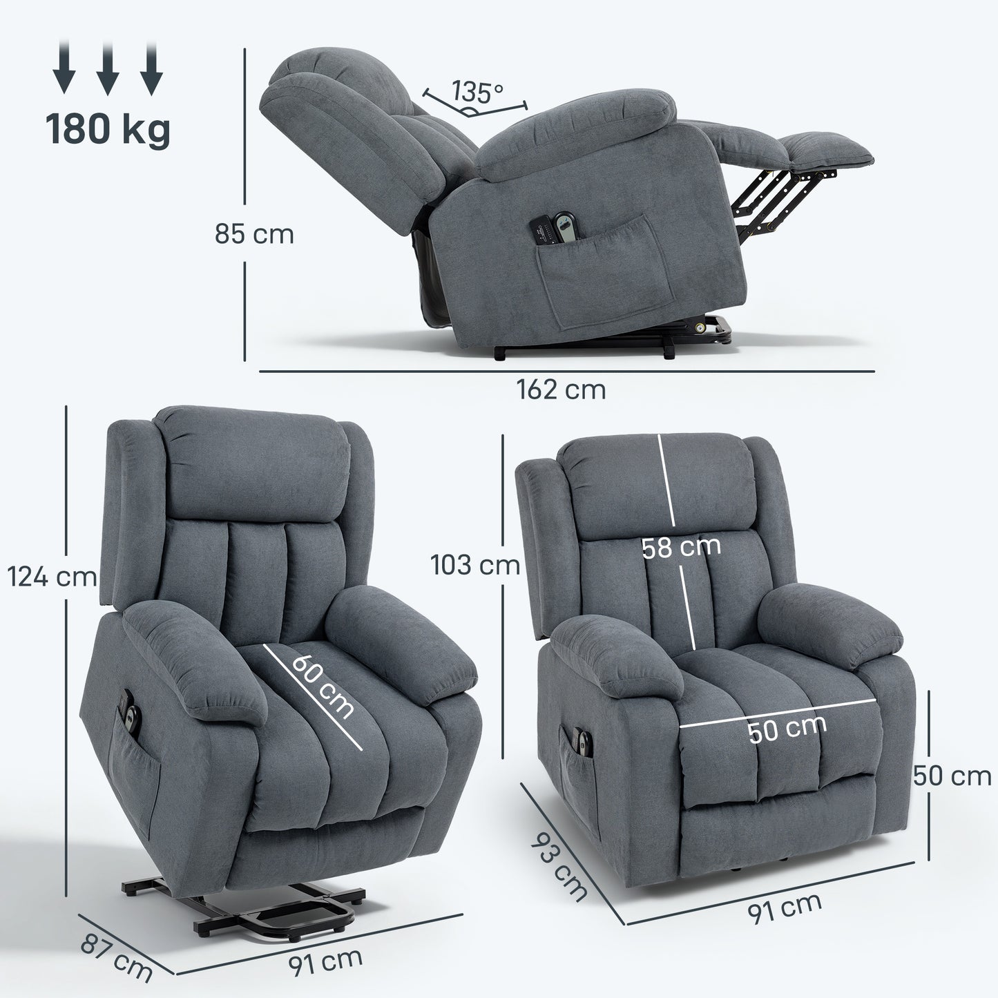 HOMCOM Power Lift Recliner Chair with Massage, Overstuffed Lift Chair for Elderly with Footrest, Remote and Side Pocket, Grey