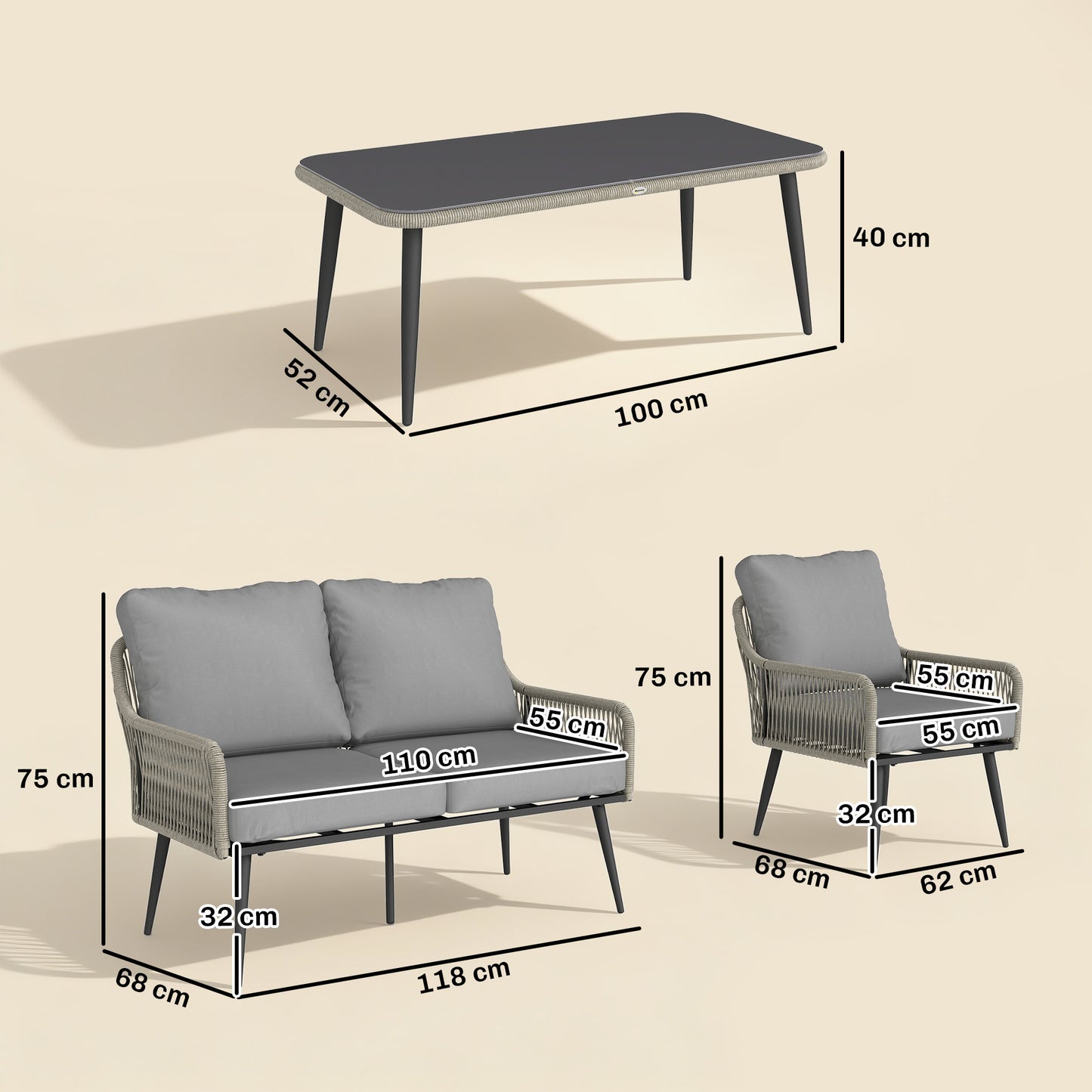 Outsunny Rattan Garden Furniture Set, 4 Piece Outdoor Patio Furniture Tempered Glass Table and Chairs, Indoor Balcony Conservatory Set