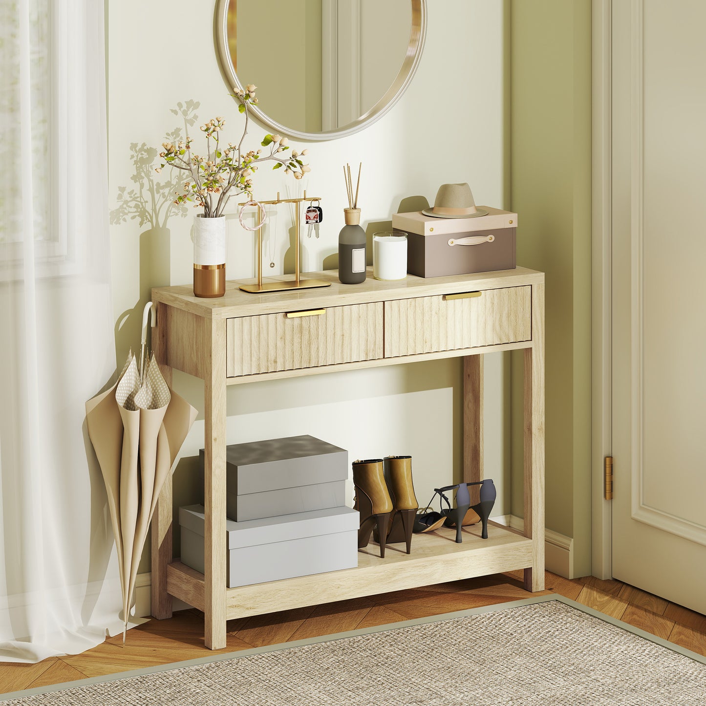 HOMCOM Modern Console Table with Fluted Drawers, Shelf for Entryway or Living Room, 90x30x76 cm, Natural Wood Finish