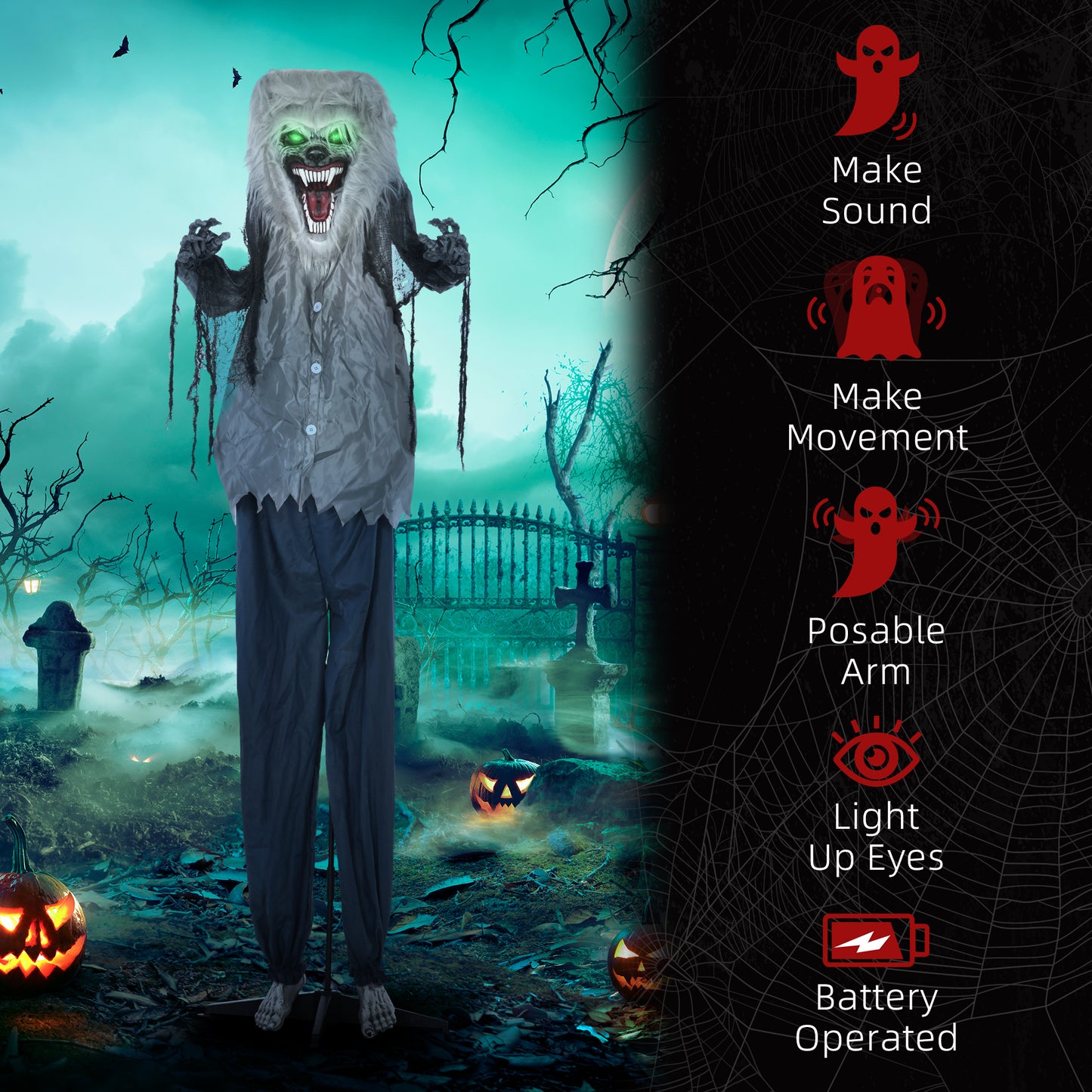 HOMCOM 210cm Skeleton Werewolf Halloween Animatronic with Sound, Lights, and Effects