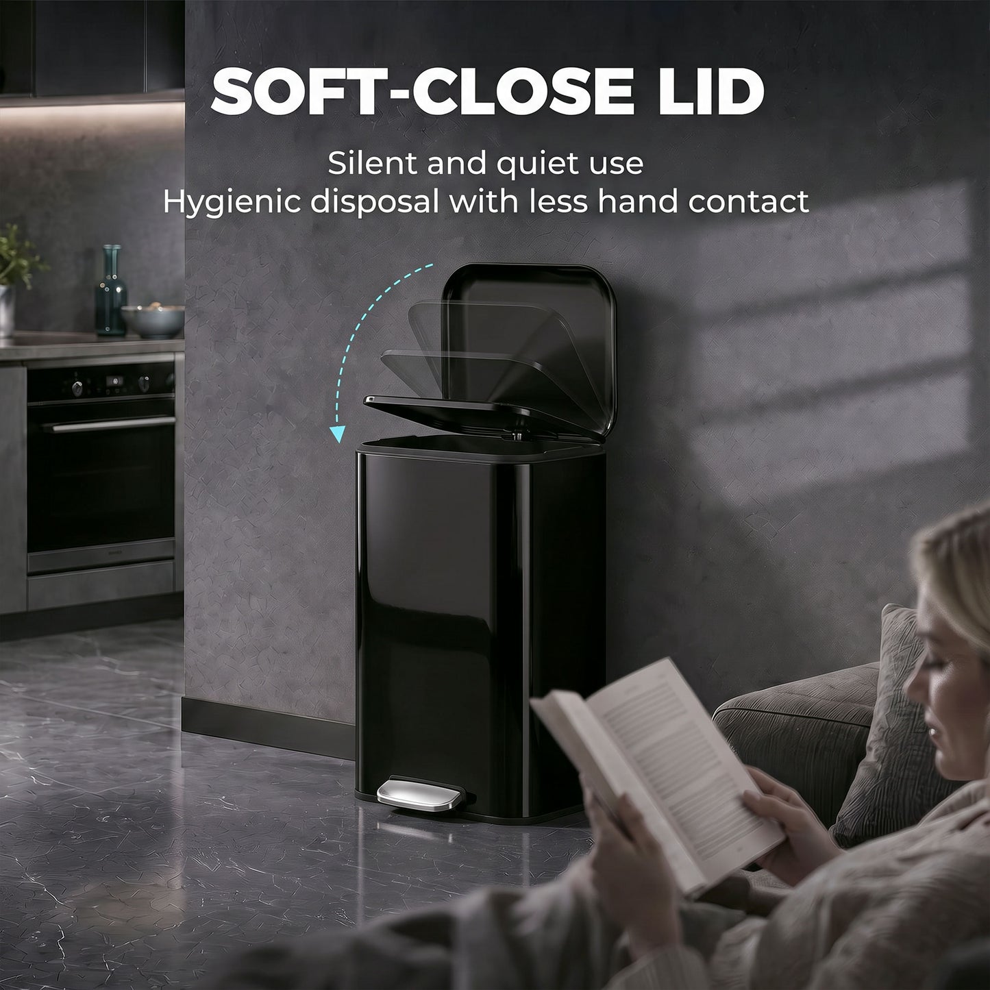 HOMCOM 50 L Kitchen Pedal Bin, Metal Rubbish Bin with Removable Inner Bucket, Soft-Close & Stay-Open Lid, High Gloss Black
