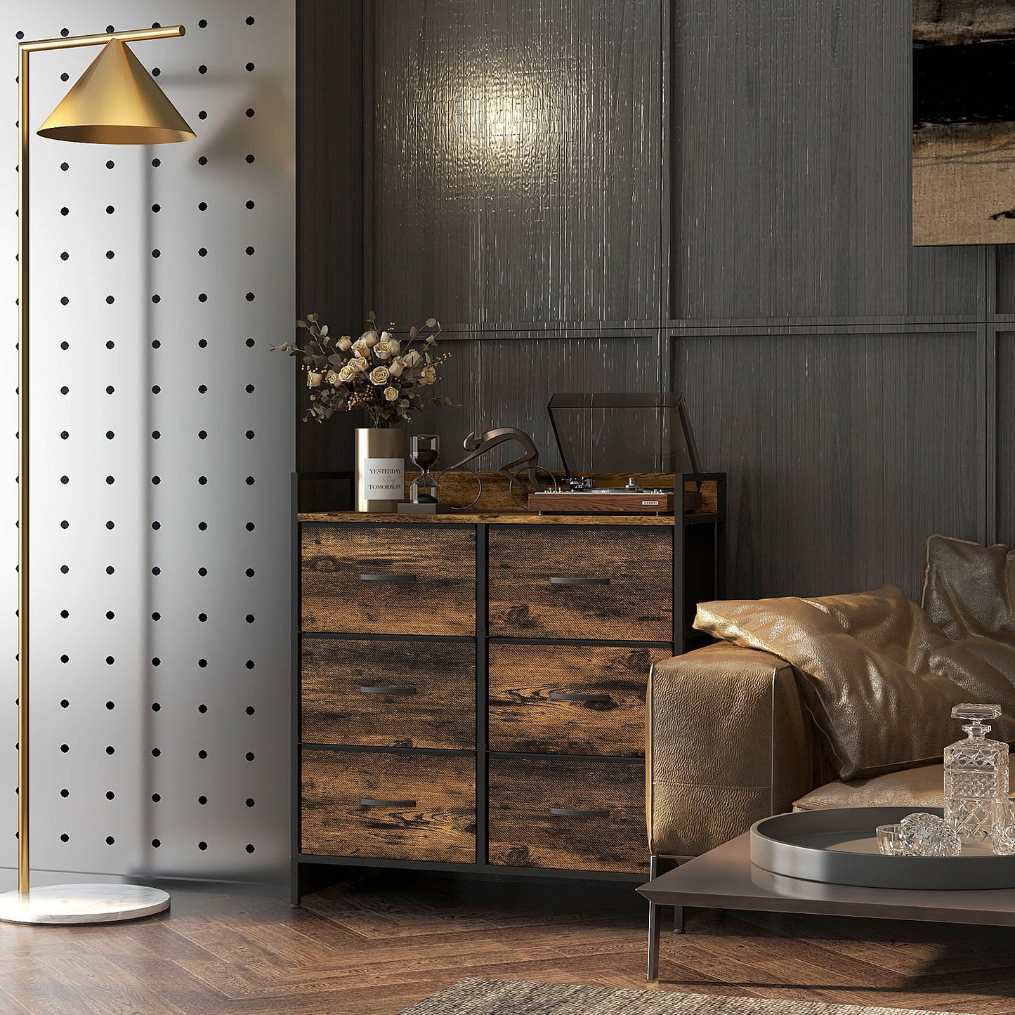 HOMCOM Rustic Chest of Six Fabric Drawers - Brown Wood Effect