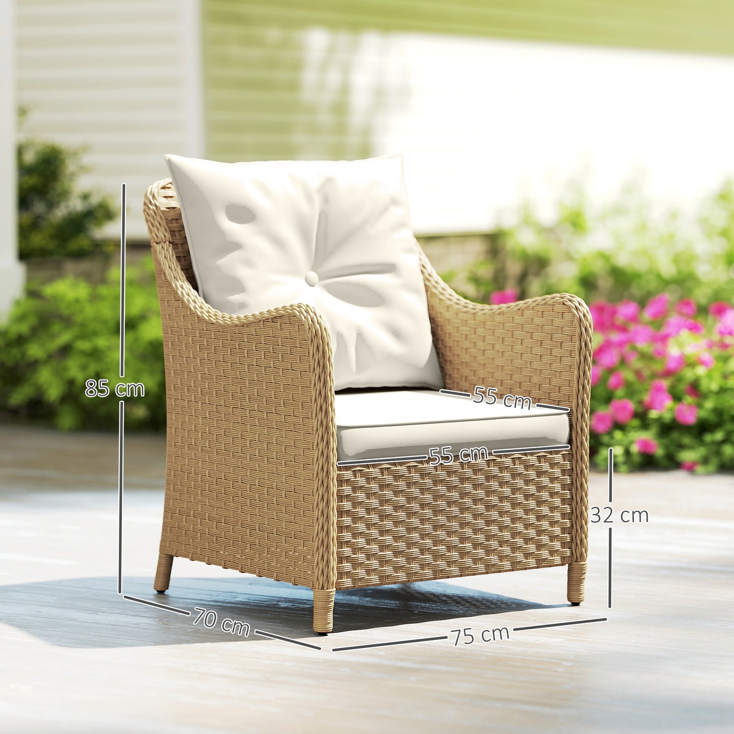 Outsunny Rattan Garden Chairs Set of 2, Outdoor with Cushions, Armrests, High Back, Steel Frame for Balcony, Porch, Beige