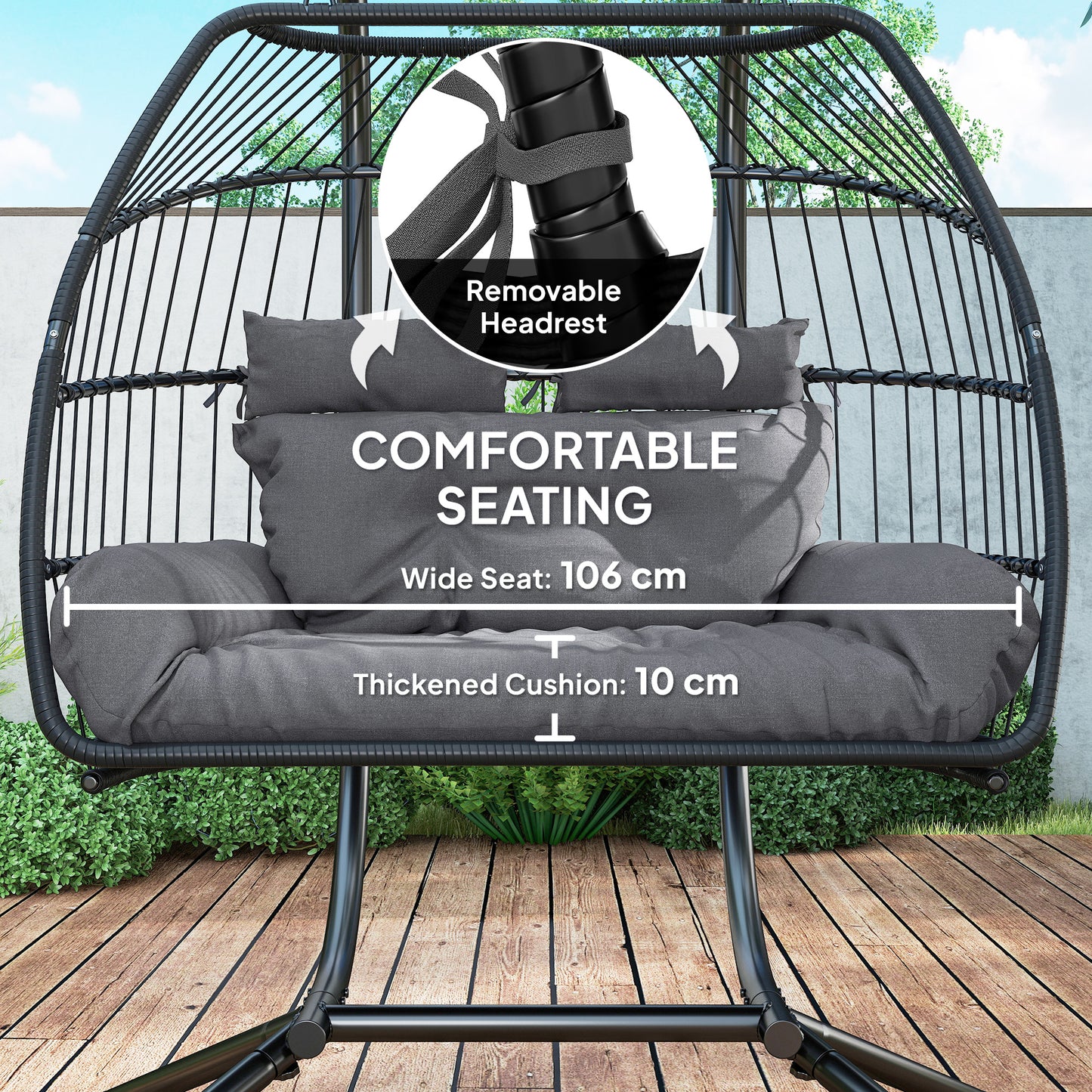 Outsunny Rattan Double Hanging Egg Chair with Stand, Foldable Wicker, Cushion & Head Pillows, 260 kg Capacity, Steel Frame, Indoor/Outdoor, Dark Grey