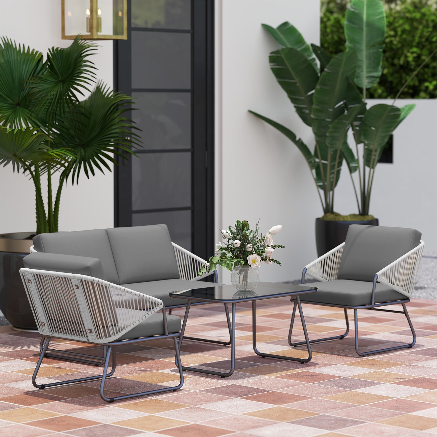 Outsunny 4 Piece Rattan Garden Furniture Set: Loveseat, Armchairs, Coffee Table & Cushions, Grey
